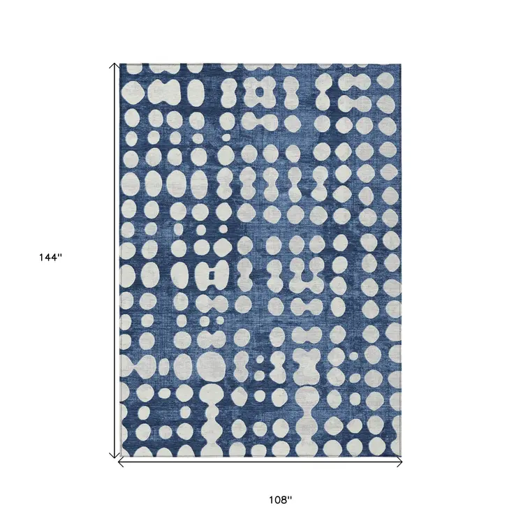 9' X 12' Navy Blue And Ivory Abstract Washable Indoor Outdoor Area Rug
