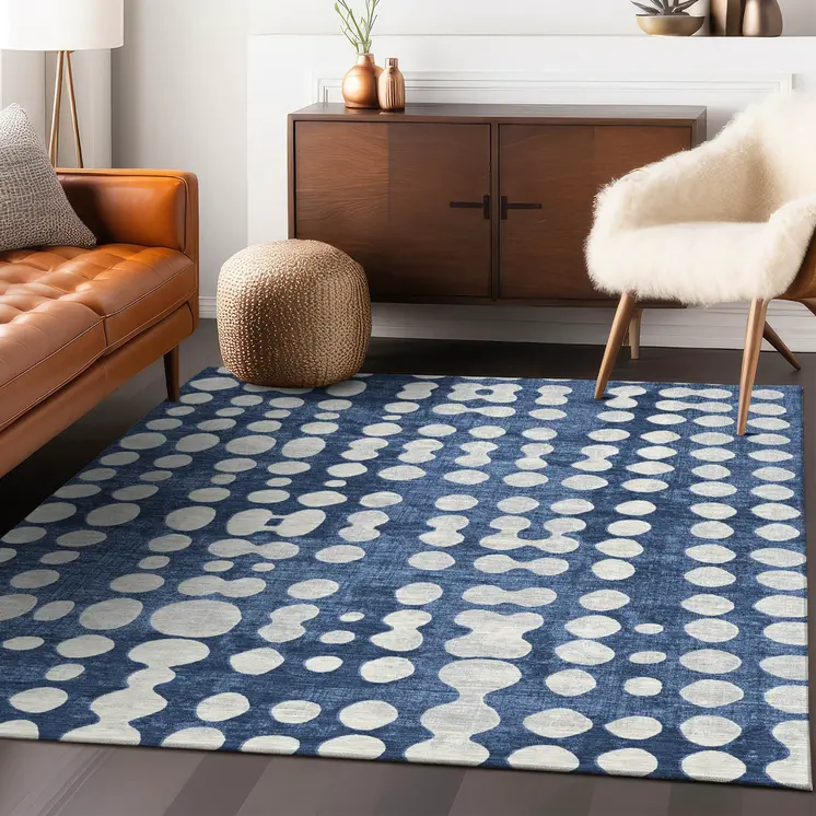 9' X 12' Navy Blue And Ivory Abstract Washable Indoor Outdoor Area Rug