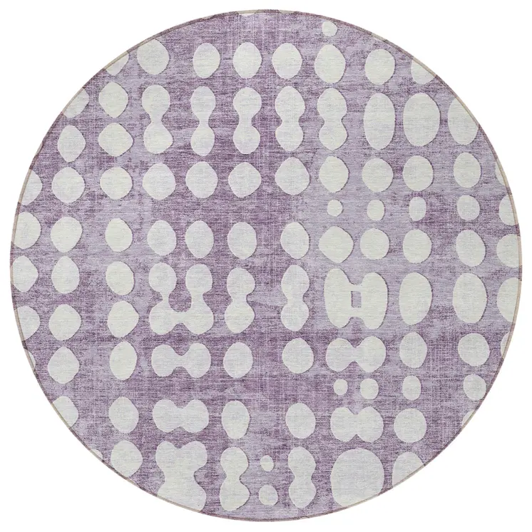 8' Purple And Ivory Round Abstract Washable Indoor Outdoor Area Rug