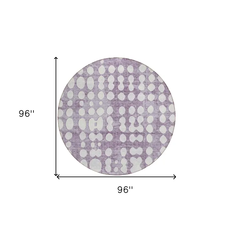 8' Purple And Ivory Round Abstract Washable Indoor Outdoor Area Rug