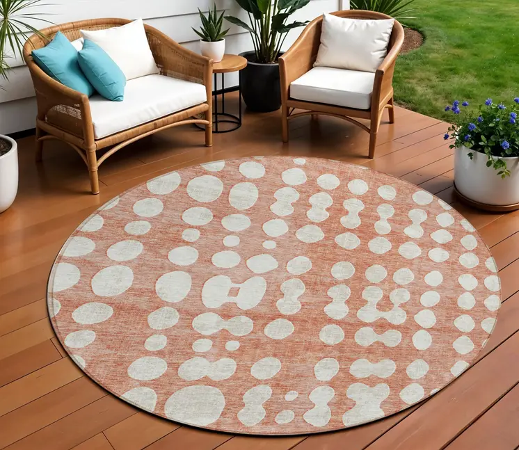 8' Salmon And Ivory Round Abstract Washable Indoor Outdoor Area Rug