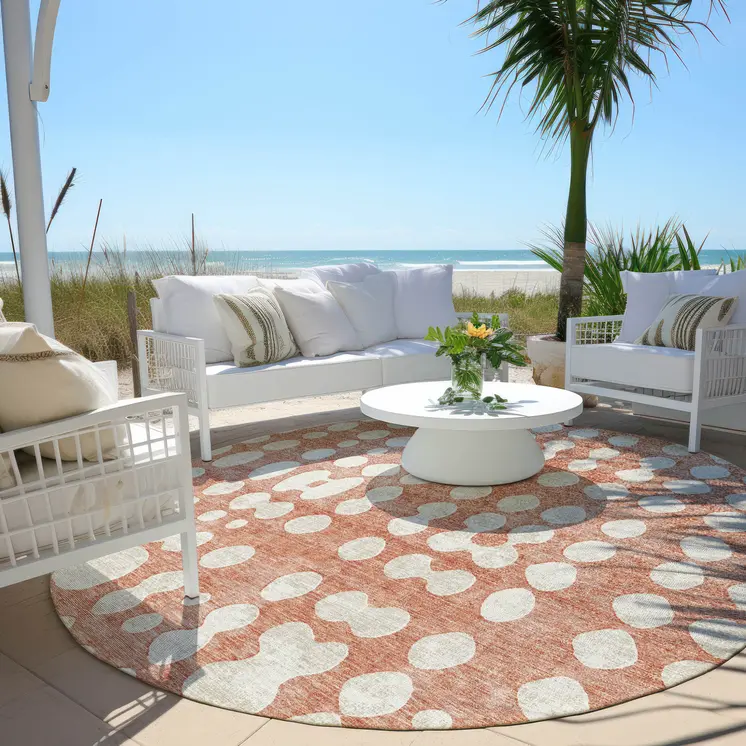 8' Salmon And Ivory Round Abstract Washable Indoor Outdoor Area Rug