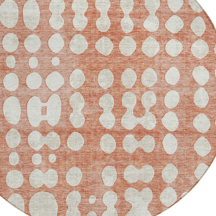 8' Salmon And Ivory Round Abstract Washable Indoor Outdoor Area Rug