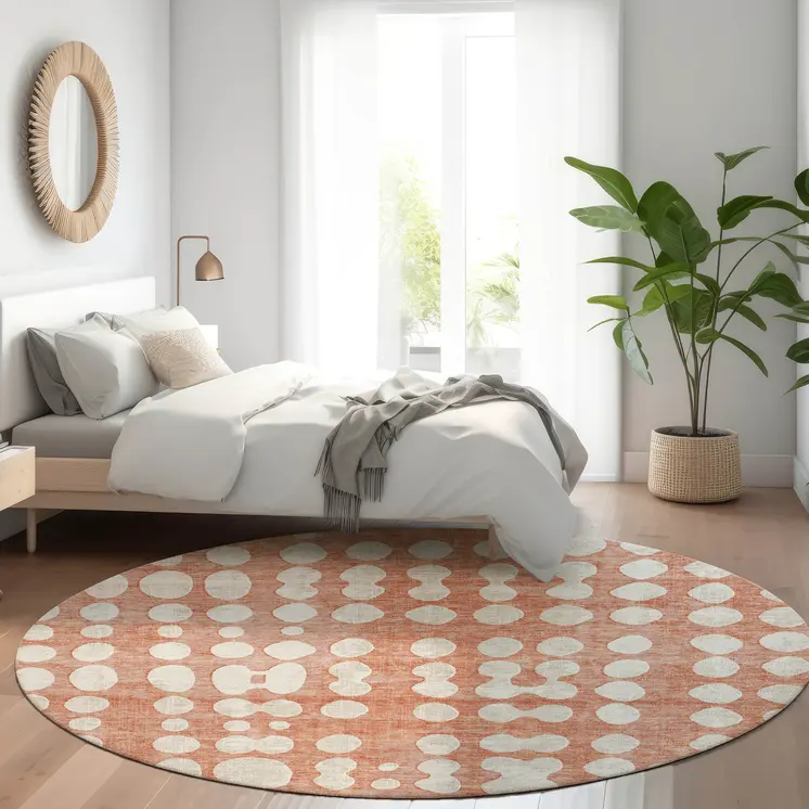 8' Salmon And Ivory Round Abstract Washable Indoor Outdoor Area Rug