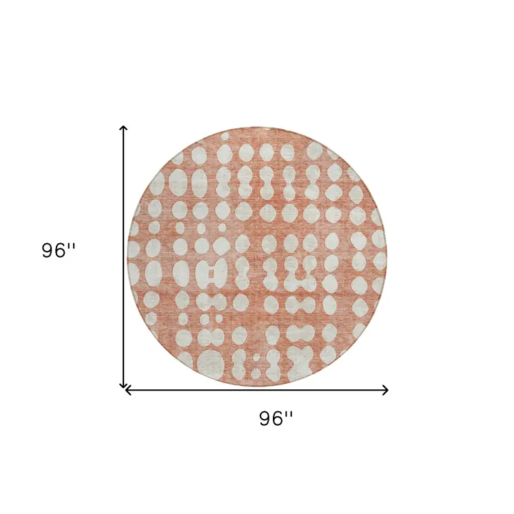 8' Salmon And Ivory Round Abstract Washable Indoor Outdoor Area Rug