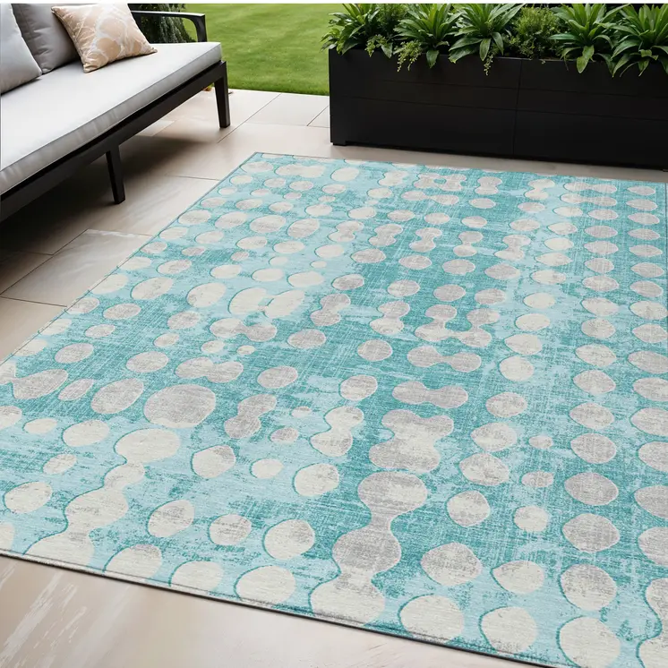 5' X 8' Teal Blue And Ivory Abstract Washable Indoor Outdoor Area Rug