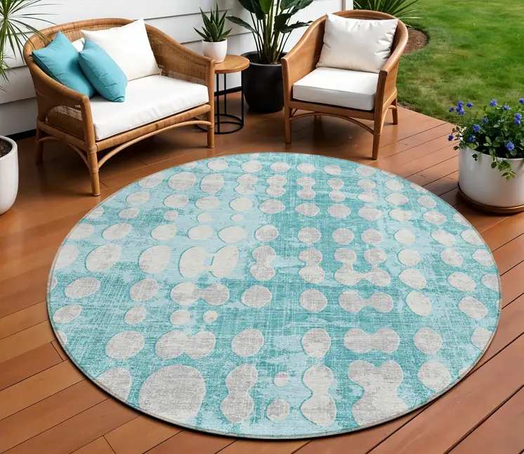 8' Teal Blue And Ivory Round Abstract Washable Indoor Outdoor Area Rug