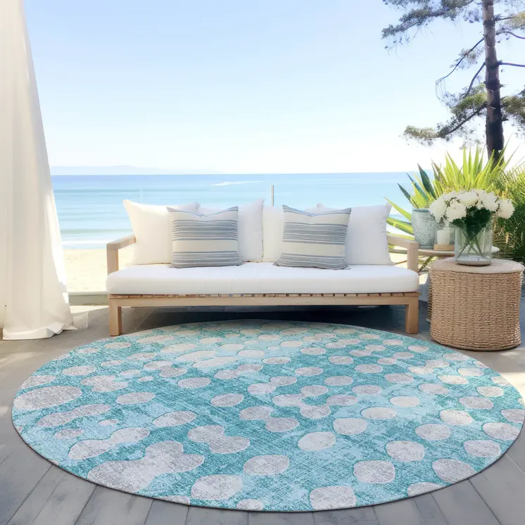 8' Teal Blue And Ivory Round Abstract Washable Indoor Outdoor Area Rug