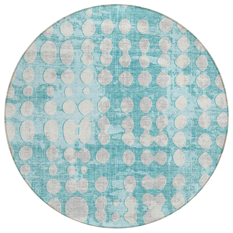 8' Teal Blue And Ivory Round Abstract Washable Indoor Outdoor Area Rug