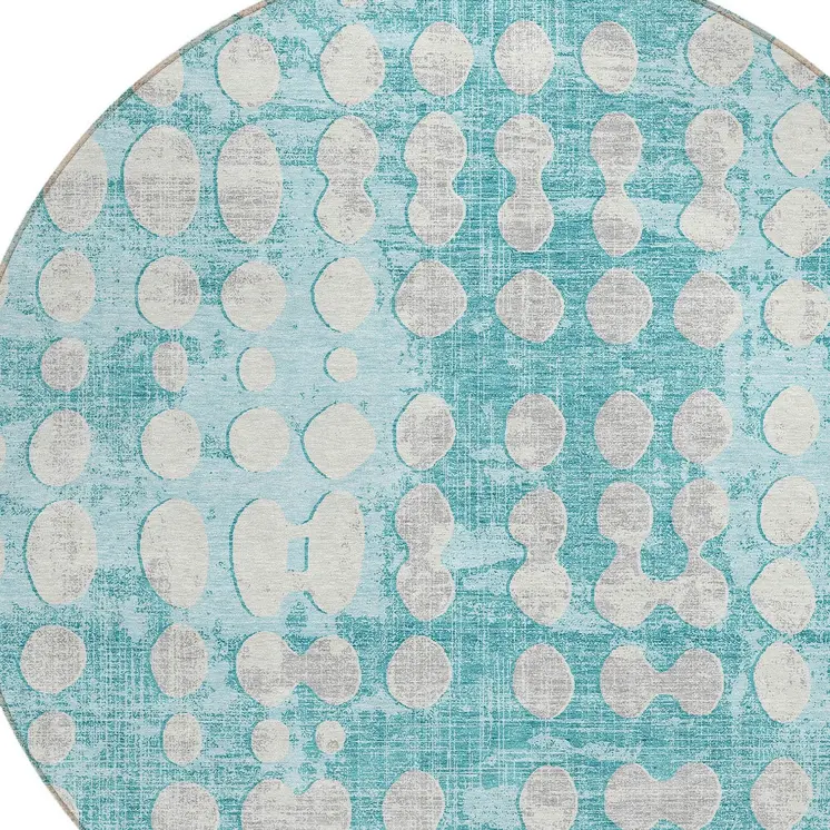 8' Teal Blue And Ivory Round Abstract Washable Indoor Outdoor Area Rug