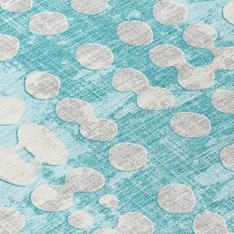 8' Teal Blue And Ivory Round Abstract Washable Indoor Outdoor Area Rug