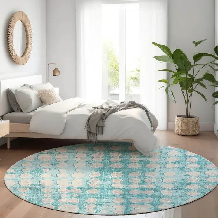 8' Teal Blue And Ivory Round Abstract Washable Indoor Outdoor Area Rug