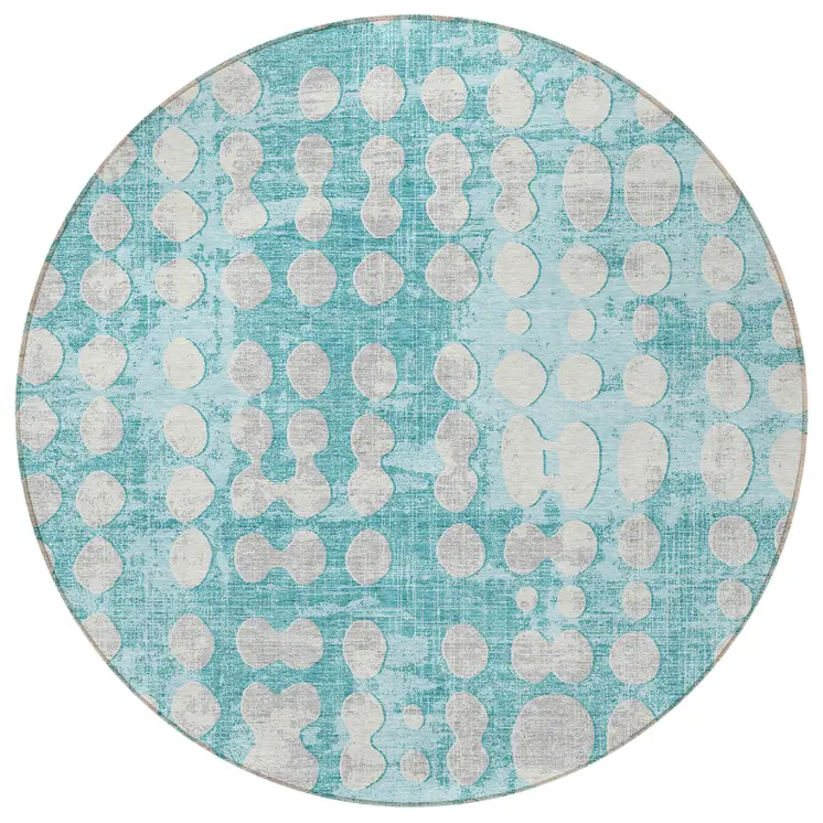 8' Teal Blue And Ivory Round Abstract Washable Indoor Outdoor Area Rug