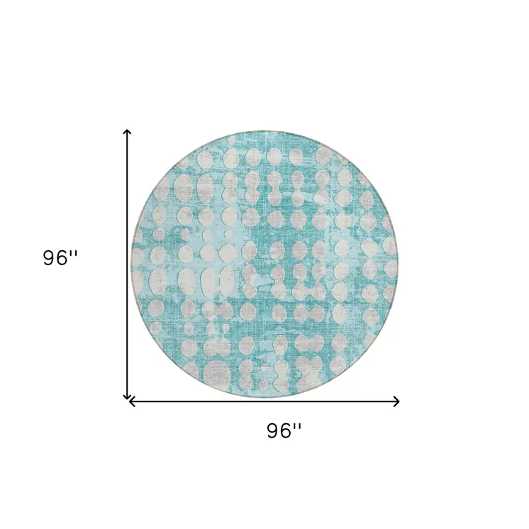 8' Teal Blue And Ivory Round Abstract Washable Indoor Outdoor Area Rug
