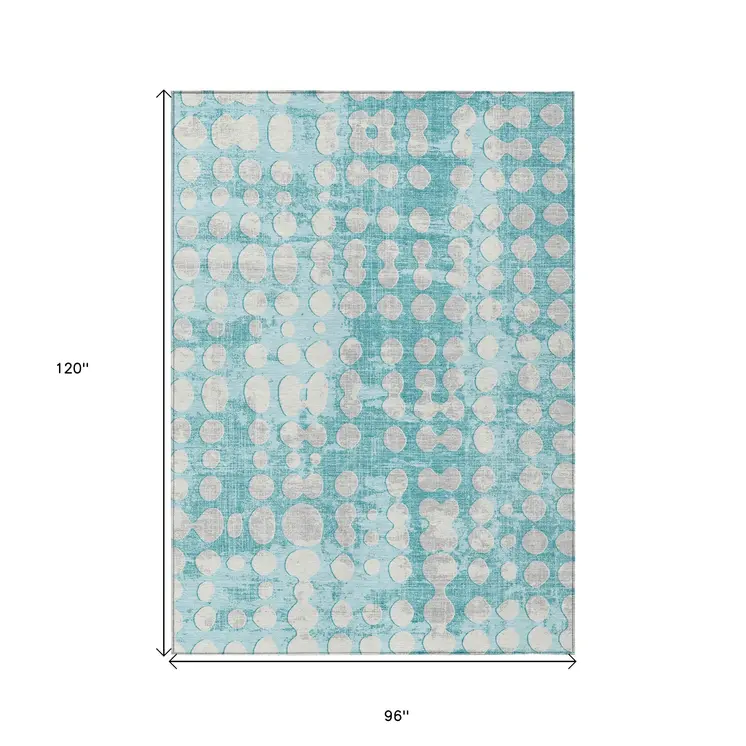 8' X 10' Teal Blue And Ivory Abstract Washable Indoor Outdoor Area Rug