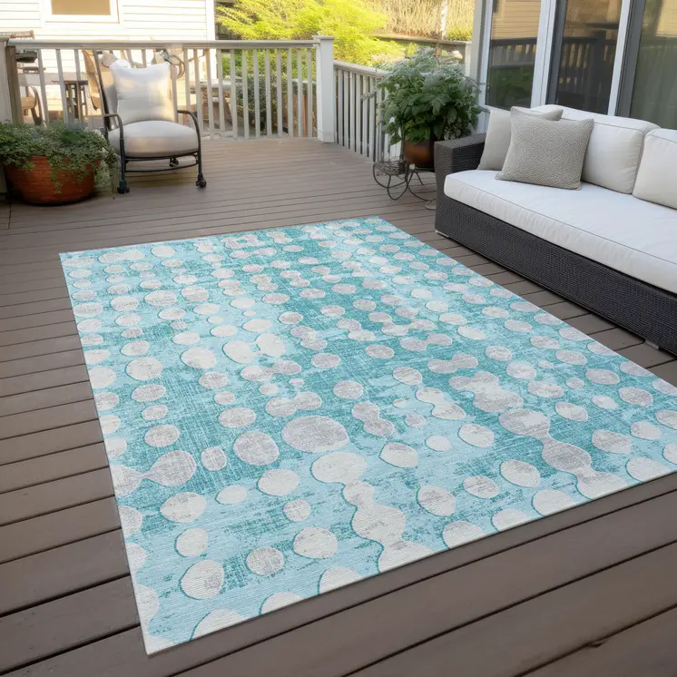 8' X 10' Teal Blue And Ivory Abstract Washable Indoor Outdoor Area Rug