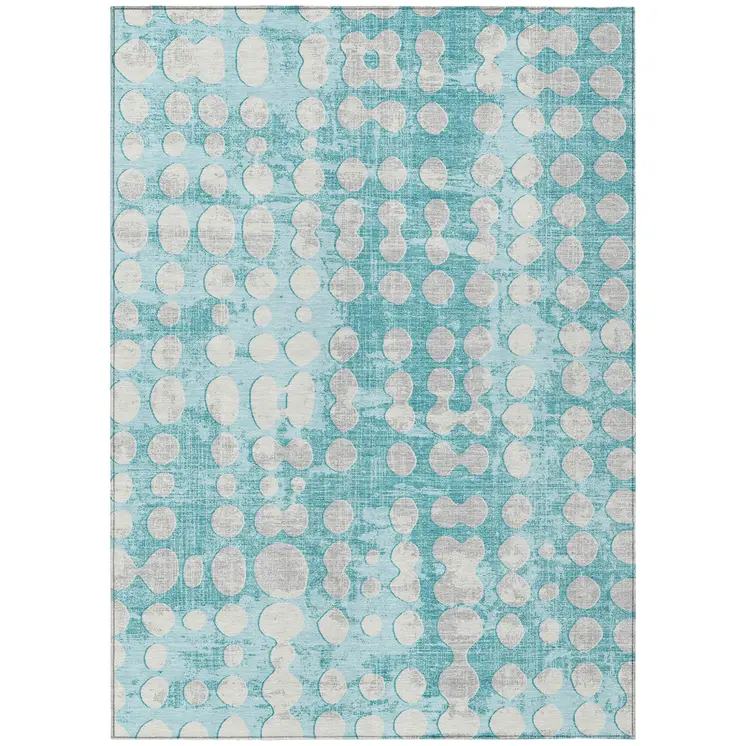 9' X 12' Teal Blue And Ivory Abstract Washable Indoor Outdoor Area Rug