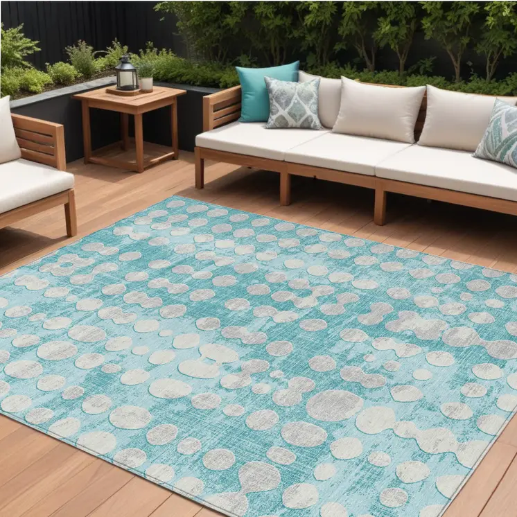 10' X 14' Teal Blue And Ivory Abstract Washable Indoor Outdoor Area Rug