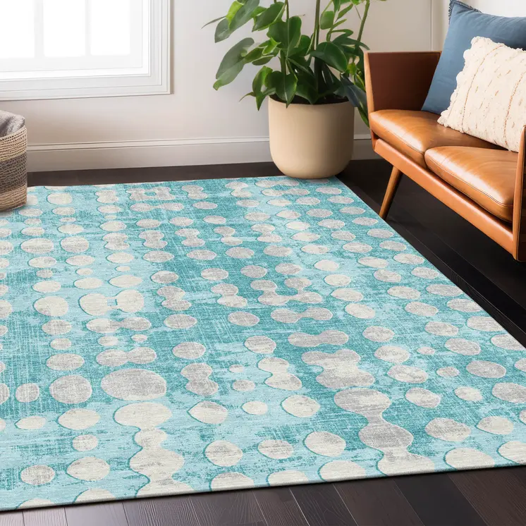 10' X 14' Teal Blue And Ivory Abstract Washable Indoor Outdoor Area Rug
