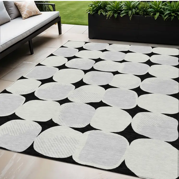 5' X 8' Black Gray And Ivory Abstract Washable Indoor Outdoor Area Rug