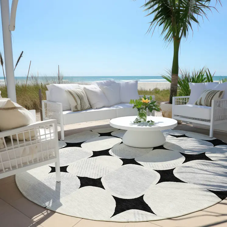 8' Black Gray And Ivory Round Abstract Washable Indoor Outdoor Area Rug
