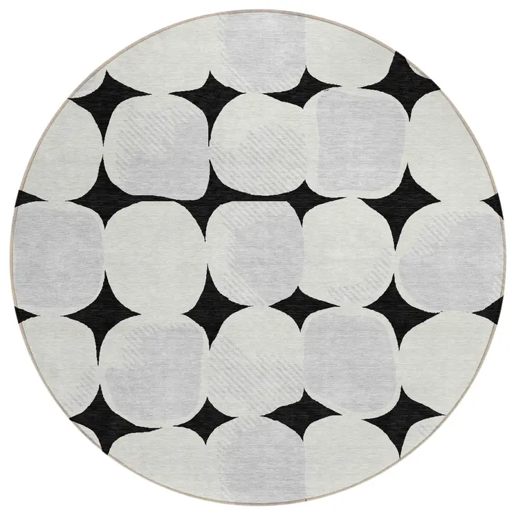 8' Black Gray And Ivory Round Abstract Washable Indoor Outdoor Area Rug