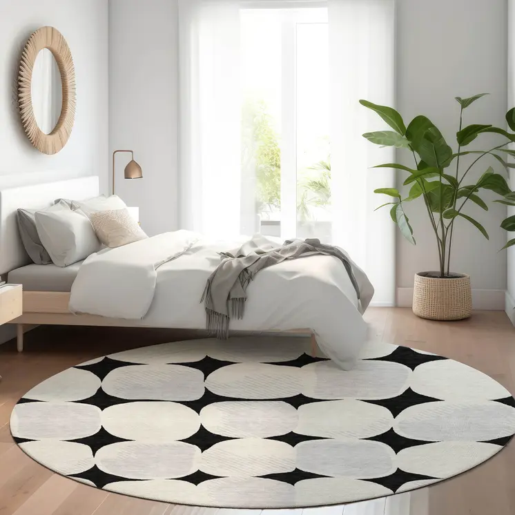 8' Black Gray And Ivory Round Abstract Washable Indoor Outdoor Area Rug