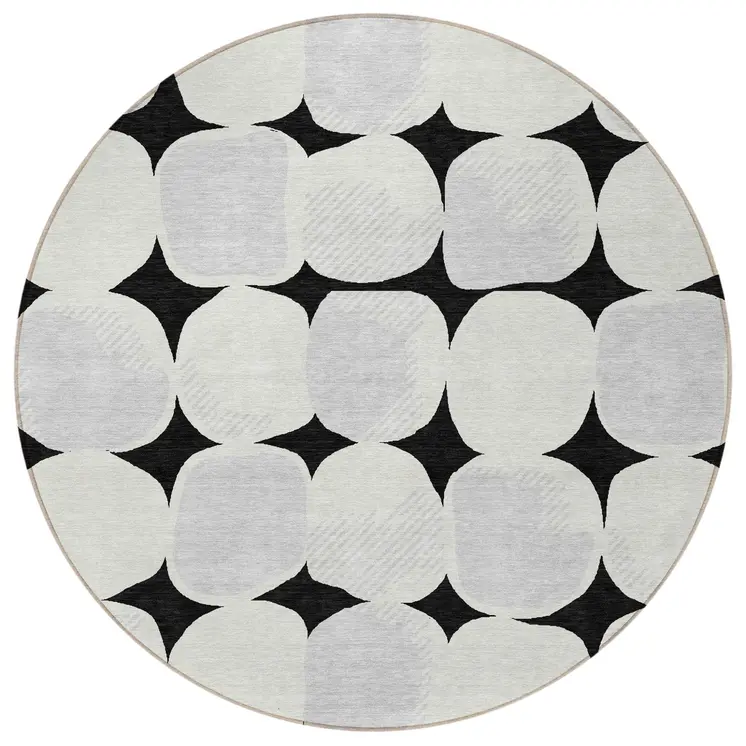 8' Black Gray And Ivory Round Abstract Washable Indoor Outdoor Area Rug