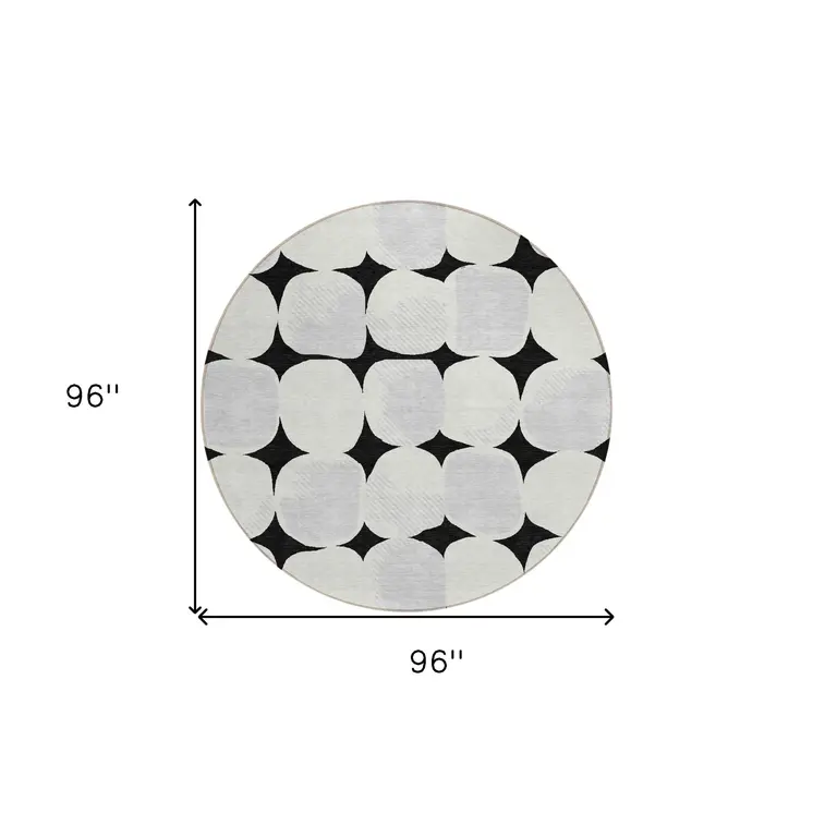 8' Black Gray And Ivory Round Abstract Washable Indoor Outdoor Area Rug