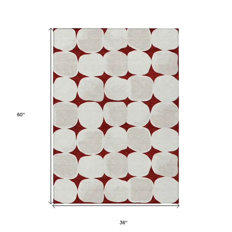 3' X 5' Burgundy Beige And Ivory Abstract Washable Indoor Outdoor Area Rug