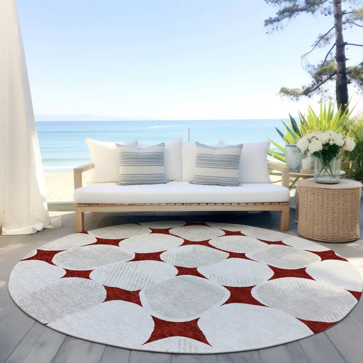 8' Burgundy Beige And Ivory Round Abstract Washable Indoor Outdoor Area Rug