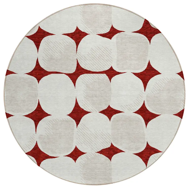 8' Burgundy Beige And Ivory Round Abstract Washable Indoor Outdoor Area Rug