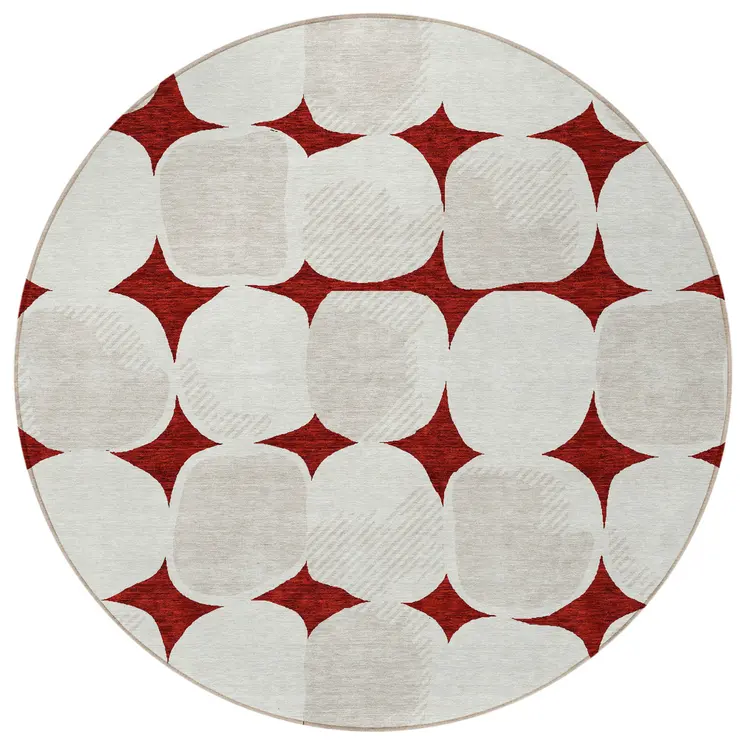 8' Burgundy Beige And Ivory Round Abstract Washable Indoor Outdoor Area Rug