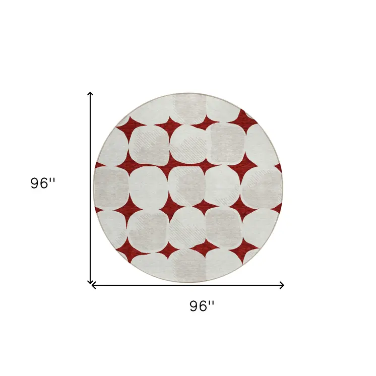 8' Burgundy Beige And Ivory Round Abstract Washable Indoor Outdoor Area Rug