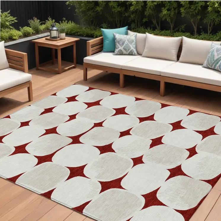10' X 14' Burgundy Beige And Ivory Abstract Washable Indoor Outdoor Area Rug