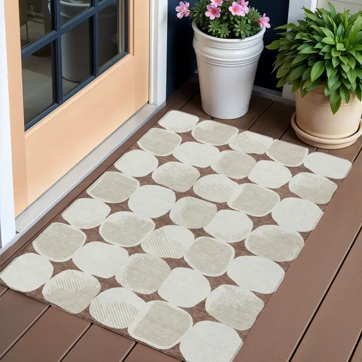3' X 5' Brown Beige And Ivory Abstract Washable Indoor Outdoor Area Rug