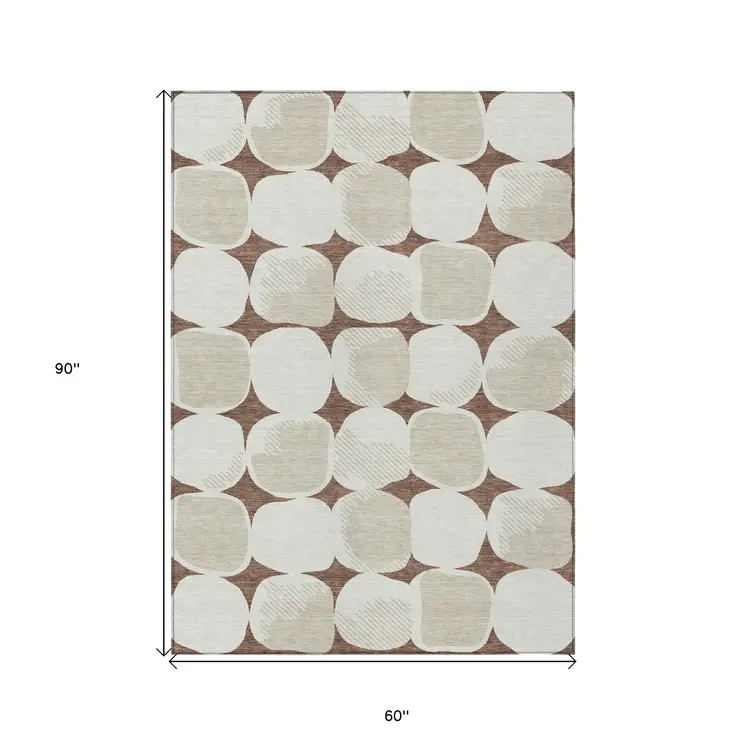 5' X 8' Brown Beige And Ivory Abstract Washable Indoor Outdoor Area Rug