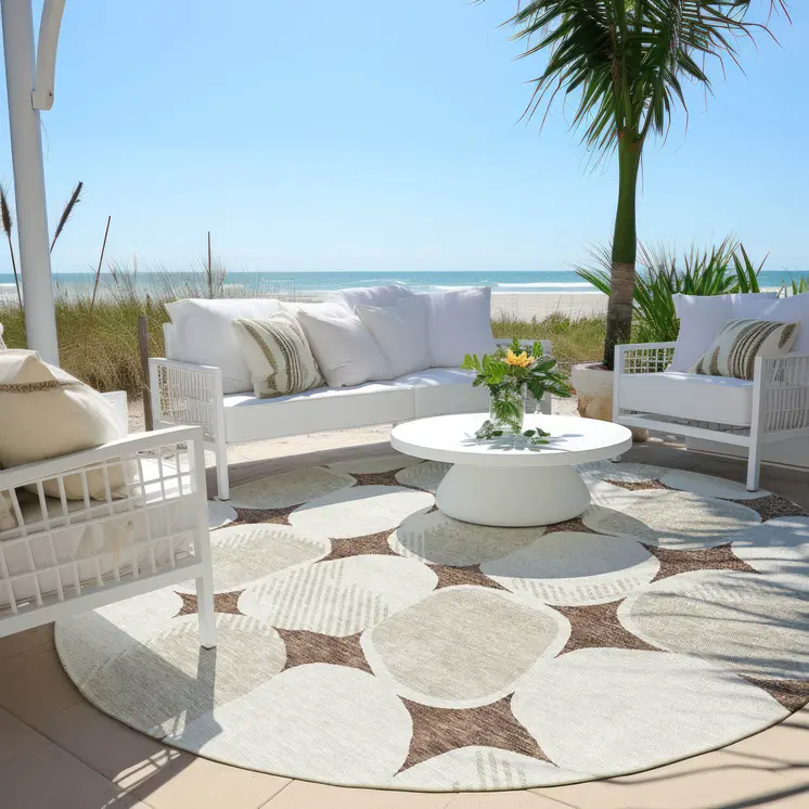 8' Brown Beige And Ivory Round Abstract Washable Indoor Outdoor Area Rug