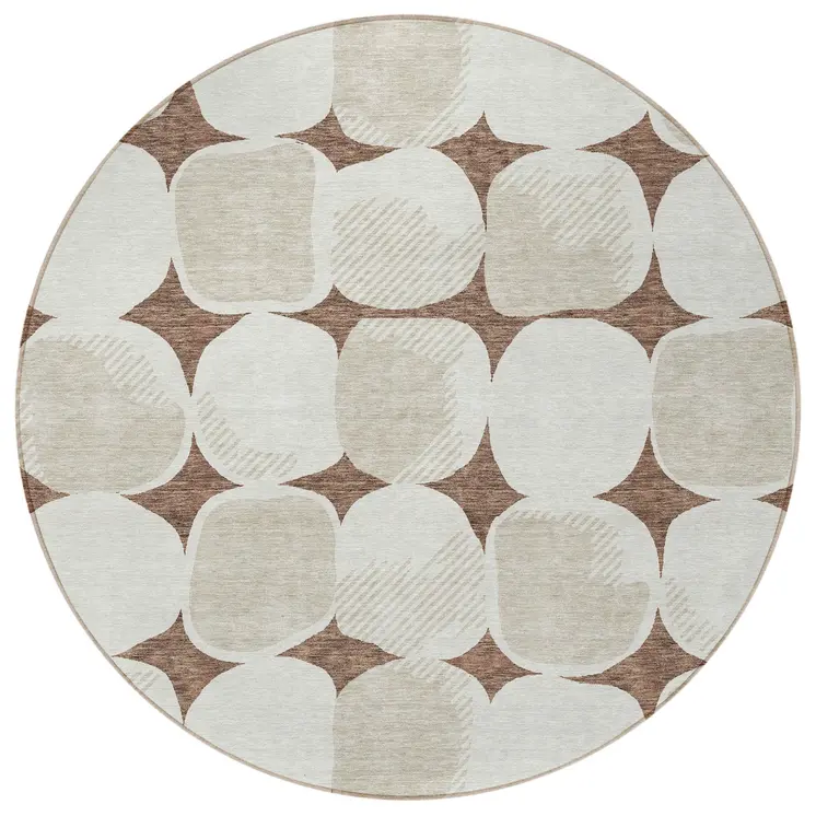 8' Brown Beige And Ivory Round Abstract Washable Indoor Outdoor Area Rug