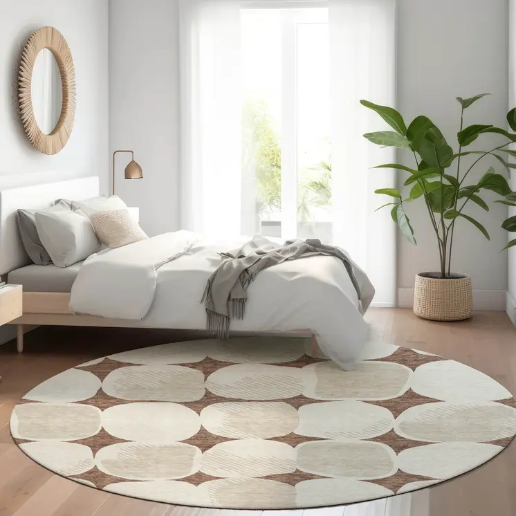 8' Brown Beige And Ivory Round Abstract Washable Indoor Outdoor Area Rug
