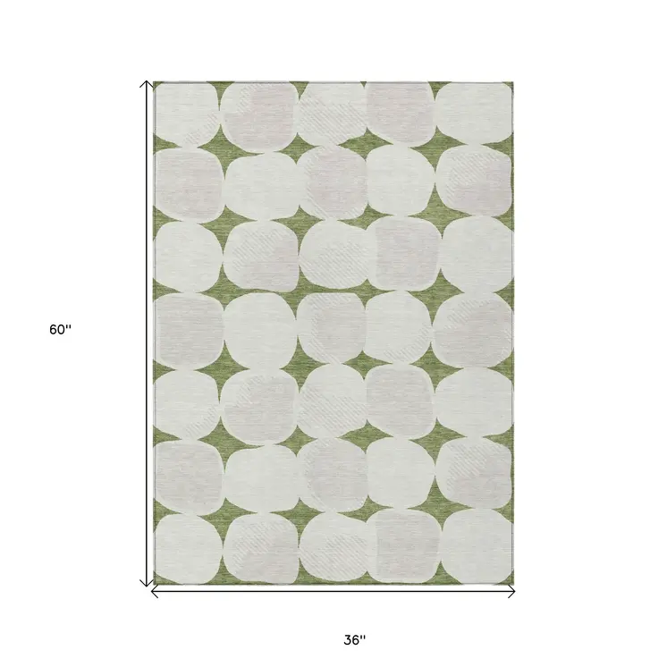 3' X 5' Green And Beige Abstract Washable Indoor Outdoor Area Rug