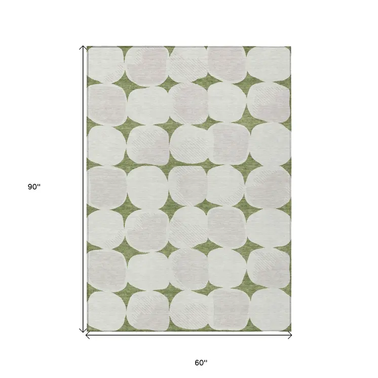 5' X 8' Green And Beige Abstract Washable Indoor Outdoor Area Rug