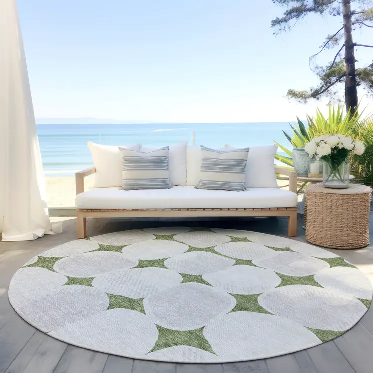 8' Green And Beige Round Abstract Washable Indoor Outdoor Area Rug