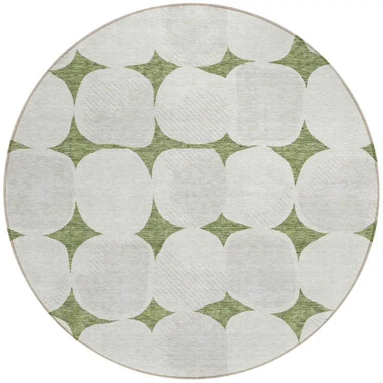8' Green And Beige Round Abstract Washable Indoor Outdoor Area Rug
