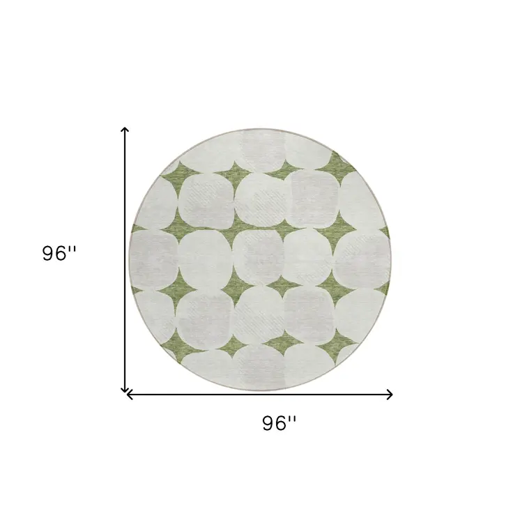 8' Green And Beige Round Abstract Washable Indoor Outdoor Area Rug