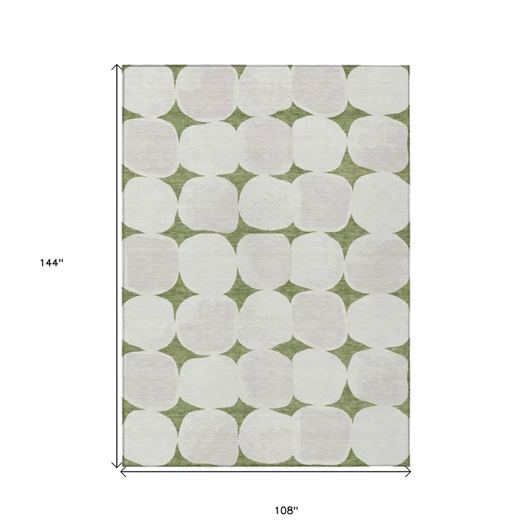 9' X 12' Green And Beige Abstract Washable Indoor Outdoor Area Rug
