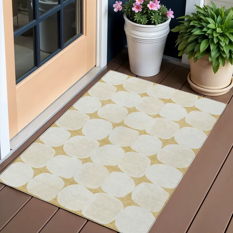 3' X 5' Gold And Beige Abstract Washable Indoor Outdoor Area Rug