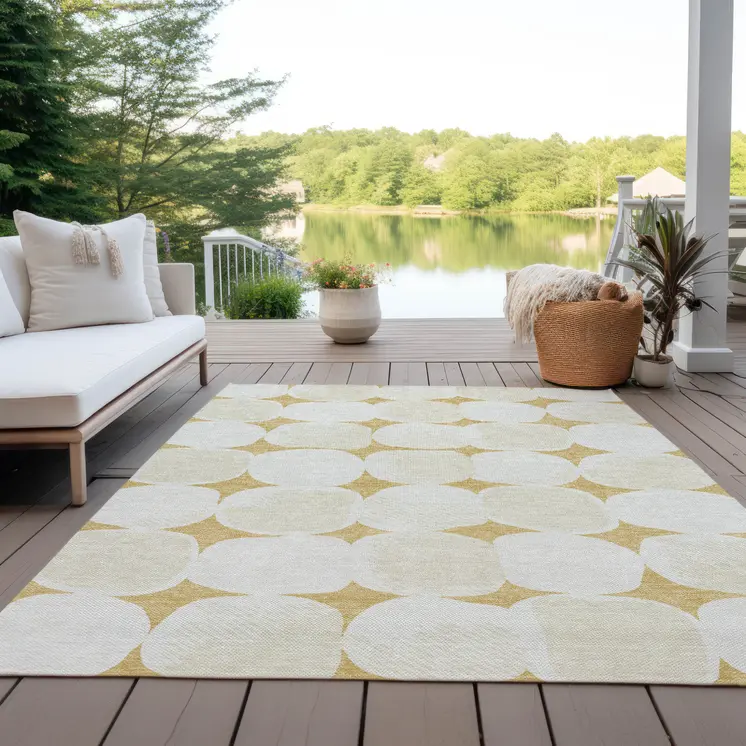 5' X 8' Gold And Beige Abstract Washable Indoor Outdoor Area Rug