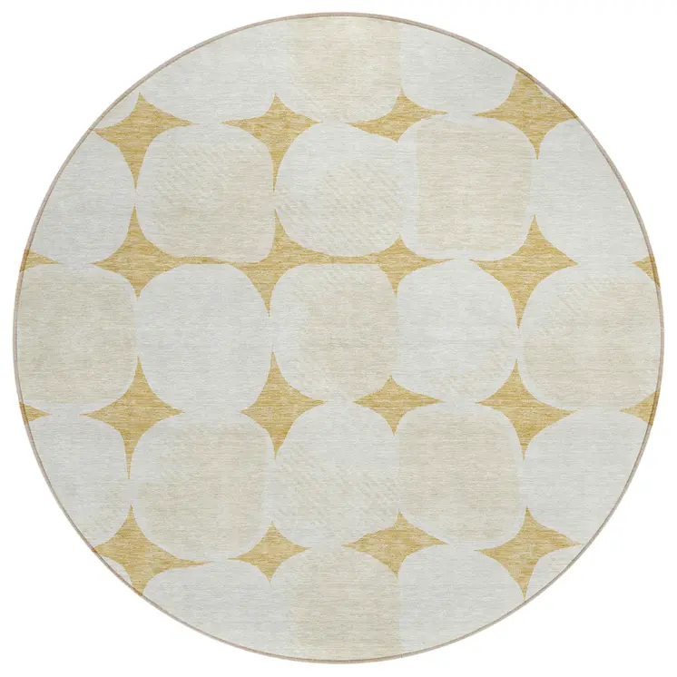 8' Gold And Beige Round Abstract Washable Indoor Outdoor Area Rug