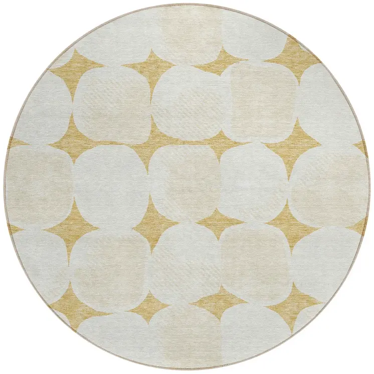 8' Gold And Beige Round Abstract Washable Indoor Outdoor Area Rug